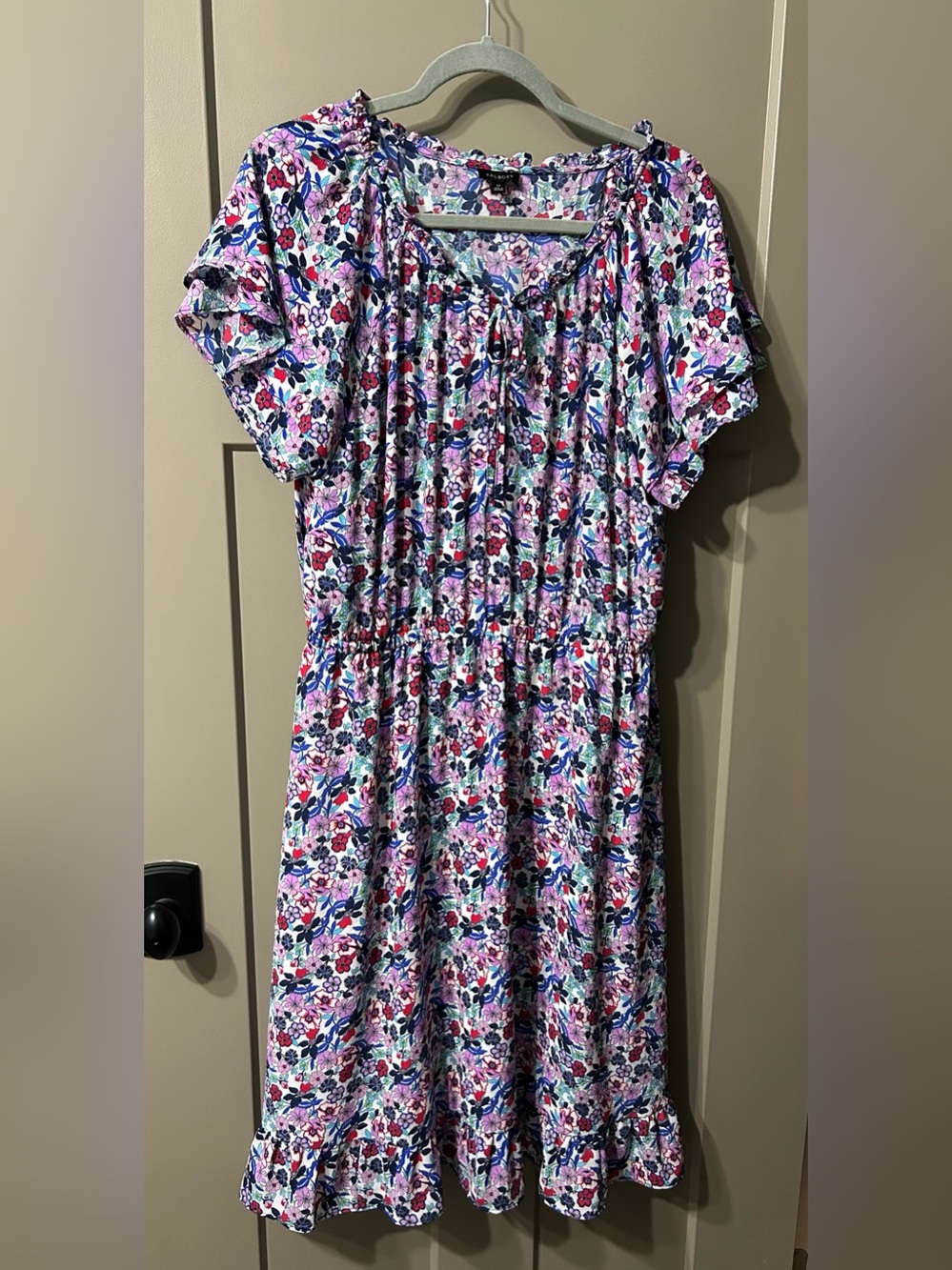 Talbots Floral Tie-Neck Dress in Pink and Blue Ruffle flutter sleeves